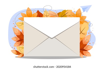 Closed white envelope with bright colorful autumn foliage in the background. The concept of sending a message. Send or receive a letter, mail. Vector illustration.