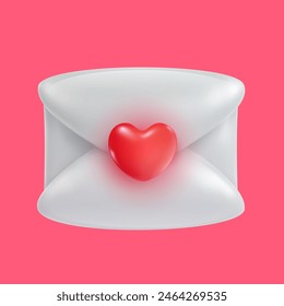 Closed white envelope with red heart in cute realistic 3d style. Romantic bright message letter. Valentines day design element. Vector illustration.
