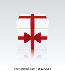 Closed White Gift Box With Red Bow on White Background. Vector Illustration.