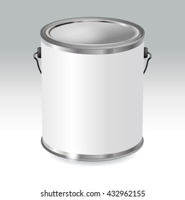 Closed white metal tin can template. Paint bucket container with metal handle. Paint can with blank white label 