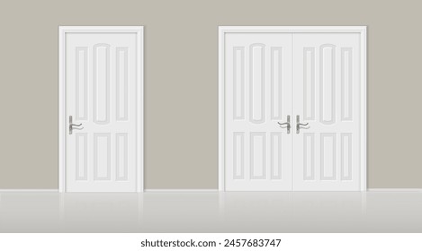 Closed white realistic doors vector illustration. White entry or interior doors. Wooden entrance door set.