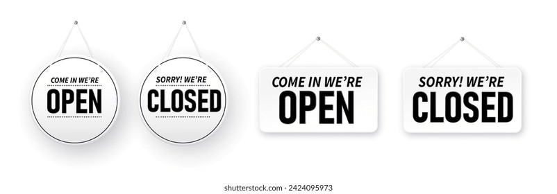 Closed white signboards hanged . Rectangular shape clipboard for retail, shop, store, cafe, bar, restaurant. Vector