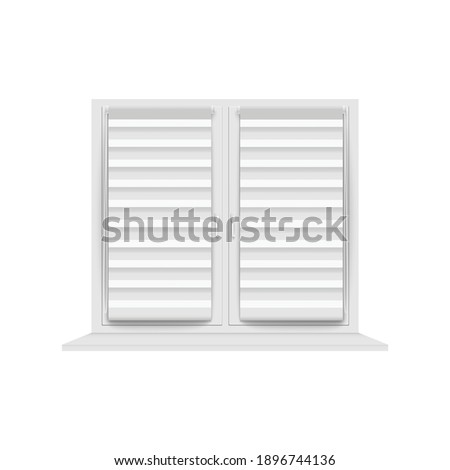 Closed window blinds with metal grey horizontal stripes - blank home privacy shutter design mockup isolated on white background - realistic vector illustration.