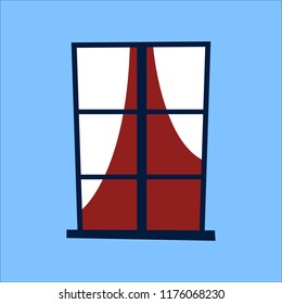 Closed window with curtains on the blue wall. Flat vector illustration