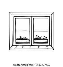  Closed window and flowers sketch. View from the window. Vector hand-drawn illustration.