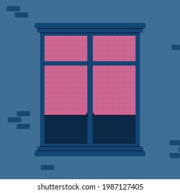 Closed window frame with jalousie on brick house wall - architectural element, cartoon vector illustration. Building construction exterior fragment background.