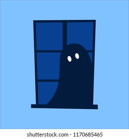 Closed window with ghost on the blue wall. Night window exterior view. Flat vector illustration