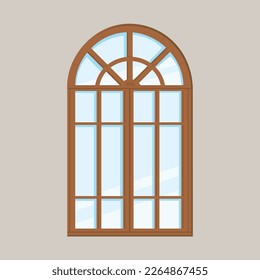 Closed window isolated on background. Wooden frame and glass. Old arch window. Vector illustration