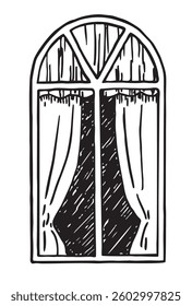 Closed window isolated on white background. Window of a residential building with curtains. Vector hand drawn sketch illustration.