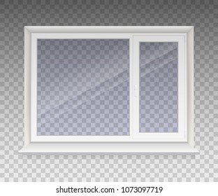Closed window with transparent glass in a white frame. Isolated on a transparent background. Vector.