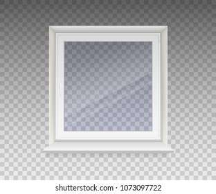 Closed window with transparent glass in a white frame. Isolated on a transparent background. Vector.