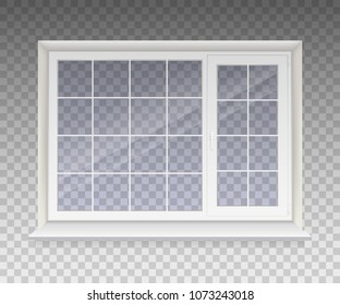 Closed window with transparent glass in a white frame. Isolated on a transparent background. Vector.
