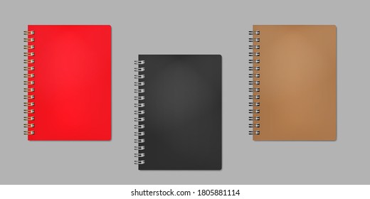 Closed wire bound notebook, realistic vector mock-up. Golden, silver, black metal spiral. Red, black, brown plastic cover. Color mockup set. Easy to recolor.