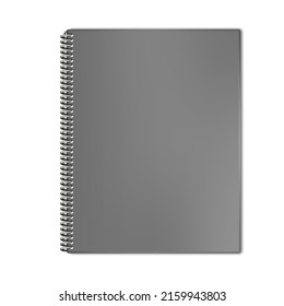 Closed wire bound notebook vector mock-up. Spiral notepad blank gray cover mockup. Hardcover diary template