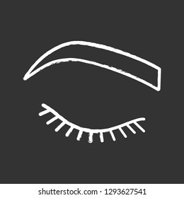 Closed woman eye chalk icon. Before eyelash extension. Soft angled eyebrows. Brows shaping. Microblading, tattooing. Isolated vector chalkboard illustration