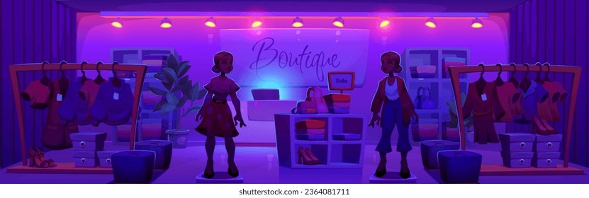 Closed women cloth boutique at night. Interior of fashion store with apparel, shoes and accessories on shelves and hangers, female mannequins and cashier counter. Dark clothing shop inside in evening.