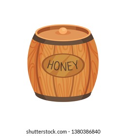 Closed wooden barrel with honey. Vector illustration.