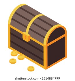 Closed wooden chest full of golden coins isometric icon, pirate symbol
