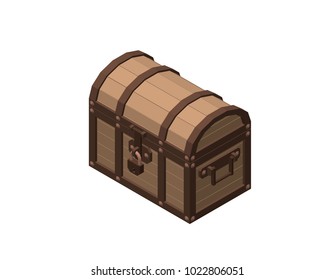 Closed wooden chest. Isolated on white background. 3d Vector illustration.  Isometric projection.