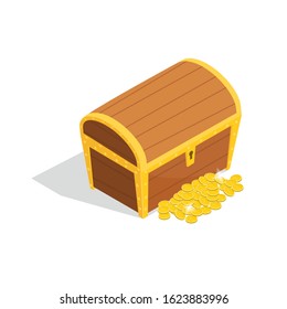 Closed Wooden Chest Sign 3d Isometric View Include of Golden Coin. Vector illustration