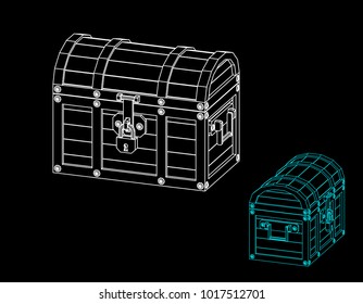 Closed wooden chest. Vector outline illustration. Dimetric projection.