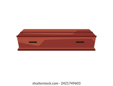 Closed wooden coffin flat vector illustration. Funeral, mourning tradition. Burial ceremony of corpse human. Ritual service isolated on white background