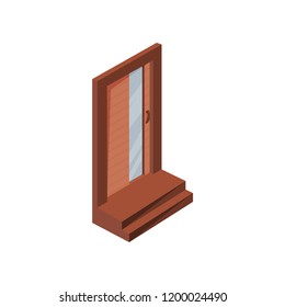 Closed wooden door of residential house with window and stairs. Small porch with steps. Vector icon in isometric style