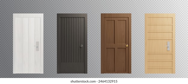 Closed wooden front doors of different colors - white and black, light and dark brown. Realistic 3d vector illustration set of entrance frame with wood texture. Home or office interior element.