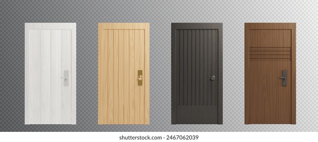 Closed wooden front doors of different colors - white and black, light and dark brown. Realistic 3d vector illustration set of entrance frame with wood texture. Home or office interior element.