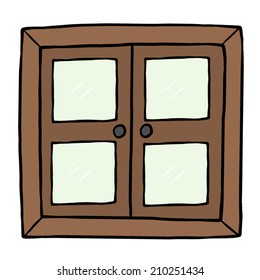 ventana de madera cerrada / vector de dibujos animados e ilustración, estilo dibujado a mano, aislado en fondo blanco.
