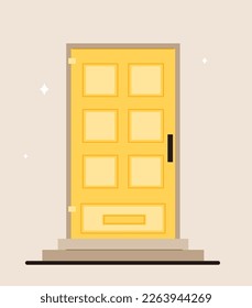 Closed yellow door. Exterior and facade, closed entrance. Modern urban architecture, private property and real estate. Home or office view. Cartoon flat vector illustration
