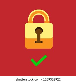  Closed yellow lock on a red background. Lock icon, vector padlock, security safety symbol