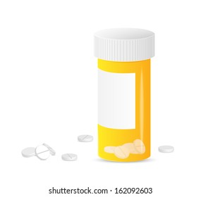 closed yellow medicine bottle with blank label and pills