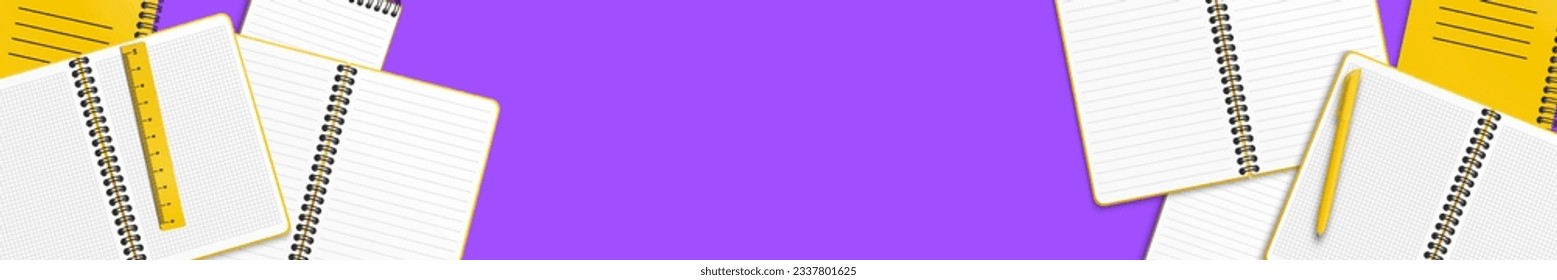 Closed yellow notebooks and yellow ball-point pens on a lilac or purple background with copy space for your image or text. Minimalist vector illustration as back to school background. Top view, flat