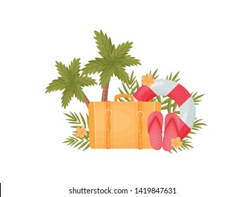 Closed yellow suitcase near the palm tree. Vector illustration on white background.