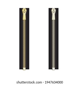 Closed zip. Realistic zipper fastener. Vector metallic gold silver tailor zip locker. Graphic isolated illustration