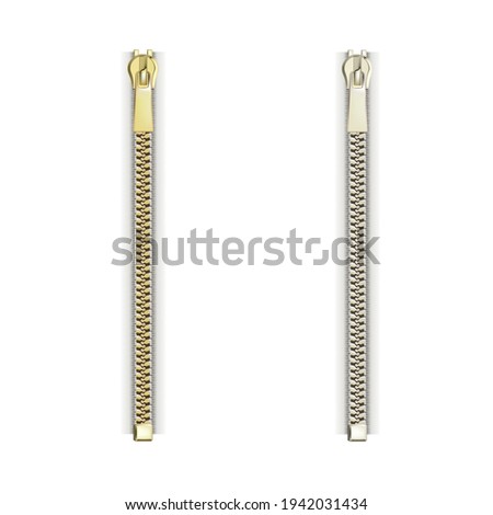Closed zip. Realistic zipper fastener vector with runner. Metallic gold silver white tailor zip locker. Graphic illustration