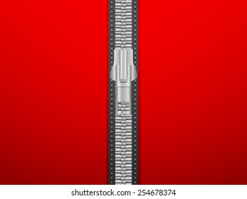 Closed zipper on a red background.