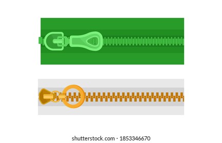 Closed Zipper or Zip Fastener with Protruding Teeth and Slider Vector Set