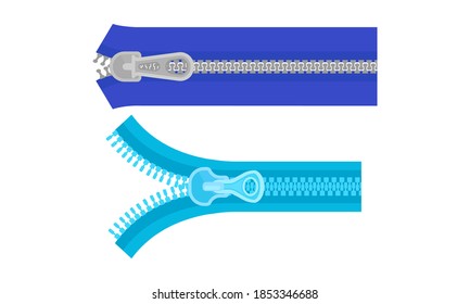 Closed Zipper or Zip Fastener with Protruding Teeth and Slider Vector Set