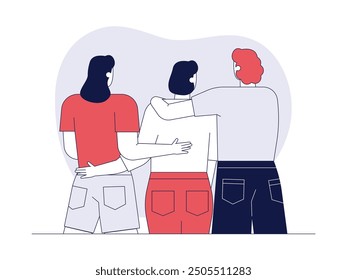 The closeness of the three young women is seen from behind, outline style, vector illustration of friendship.