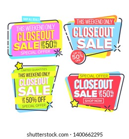 Closeout Sale Template Banner In Frame Set Vector. Creative Marketing Sale Promotion Innovative Colored Text Boxes Mention Modern Typography Design. Color Paper Voucher Flat Cartoon Illustration