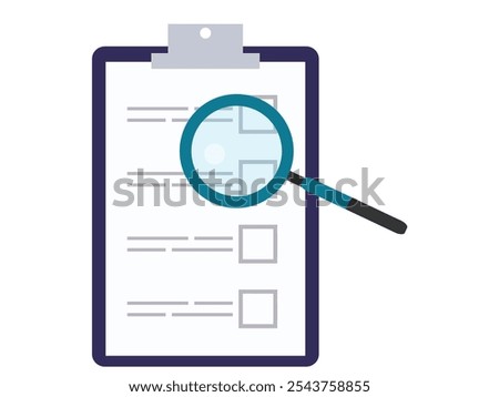 Closer look to clipboard for searching on tasklist with magnifying for important document searching in clipboard unchecked tasklist vector illustration.Highlighting document review,task prioritization