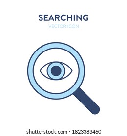 Closer Look Search Icon. Vector Illustration Of A Magnifier Tool With Human Eye Symbol Inside. Represents Concept Of Spying, Observation, Watching, Tracking, Searching, Follow With Eyes, Looking After