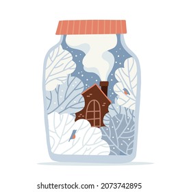 Closes lid glass jar with wintertime rustic landscape. House, snowy trees, birds, snow inside bottle. Glass container full of snowflakes. Vector flat hand drawn illustation.