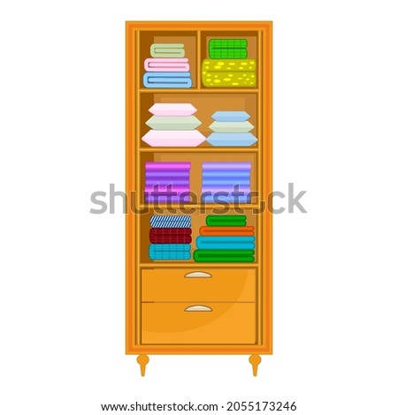 Closet with bedding isolated on black background. Shelves with blankets, duvets, sheets, pillows and towels. Open cupboard. Chests of drawer for bed clothes.Bedroom furniture.Stock vector illustration