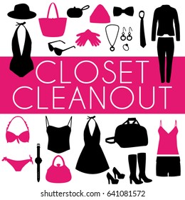 Closet cleanout event vector poster. Pink and black fashion clothing.