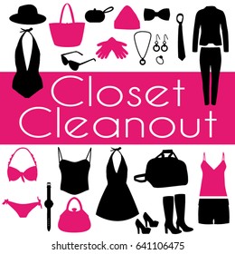 Closet cleanout event. Vector poster. Multicolored fashion clothing.
