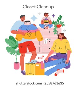 Closet Cleanup concept. Family engaged in tidying and organizing the wardrobe. Home activity, decluttering space, and bonding moment. Vector illustration.