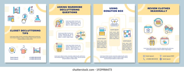 Closet decluttering tips brochure template. Decluttering questions. Flyer, booklet, leaflet print, cover design with linear icons. Vector layouts for magazines, annual reports, advertising posters